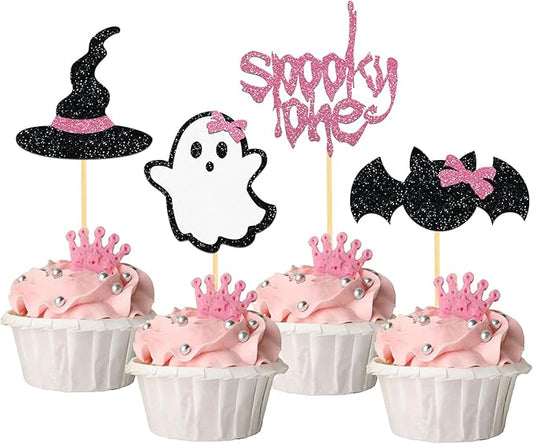 24Pcs Pink Ghost Cupcake Toppers for Halloween 1st Birthday Decorations, Spooky One Cake Picks, Bats Party Decor (Pink One)