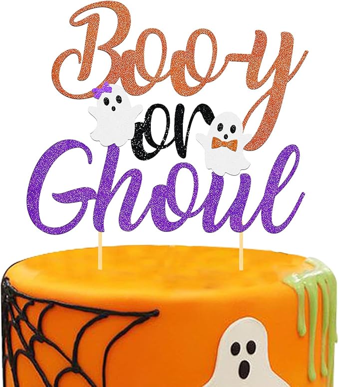Halloween Boy or Girl Cake Topper - Gender Reveal Party Decorations (Orange)