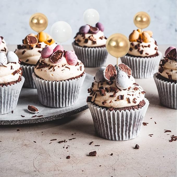 BEISHIDA-Cake Topper Gold 27 Pack Cupcake Topper with Mini Balls, Happy Birthday Acrylic Toppers Insert Pick DIY for Cake Decorations Anniversary Wedding Baby Shower Party (Gold/White)