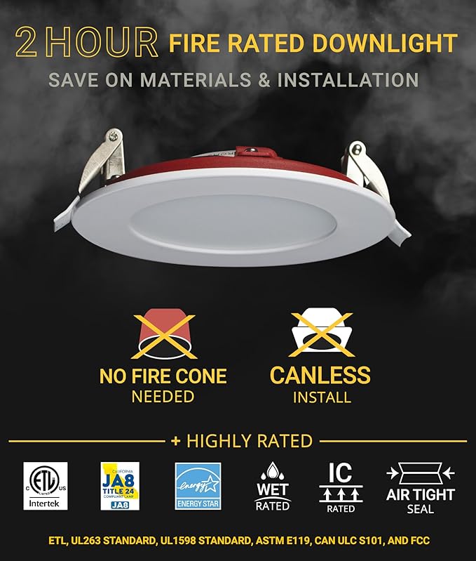NUWATT 12 Pack, 4 Inch 2 Hour Fire Rated LED Recessed Light, 2700K/3000K/3500K/4000K/5000K Selectable, 900 Lumens, Dimmable, IC Rated, Wet Rated Ultra Thin Canless LED Downlight, No Fire Cone Needed