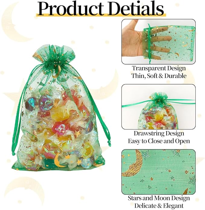 Moon Star Organza Bags 4x6 Small Mesh Bag Drawstring 50 Pcs Mesh Gift Bags Drawstring Pouch Wedding Favor Bags Jewelry Pouches Bulk Gift Pouch for Candy Soaps Birthday Festival Party Supplies, Green