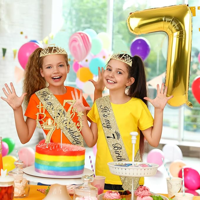 7th Birthday Decorations for Girl with 7th Birthday Girl Sash and Tiara, Candles and Cake Topper, Number Balloons, 7 Year Old Girls Gifts