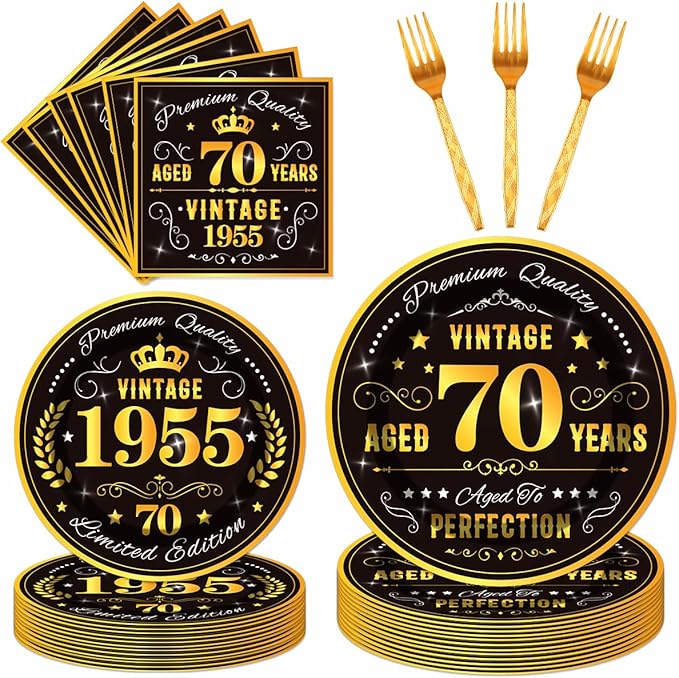 96PCS 70th Birthday Plates and Napkins Party Supplies 70th Birthday Decorations for Men 70th Anniversary Decorations Vintage 1955 Birthday Party Tableware Sets Serve 24 Guests