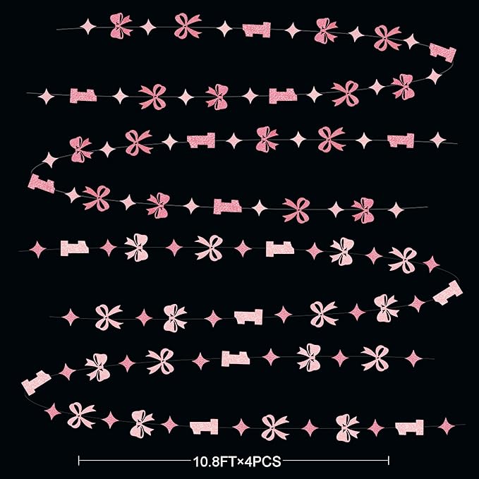 Pink Bow One Birthday Decorations Pink Glitter Paper Star Bow 1st Hanging Garland Streamer Banner for Happy First Birthday Baby Girl Bday Decor or 1st Anniversary Party Decorations Supplies