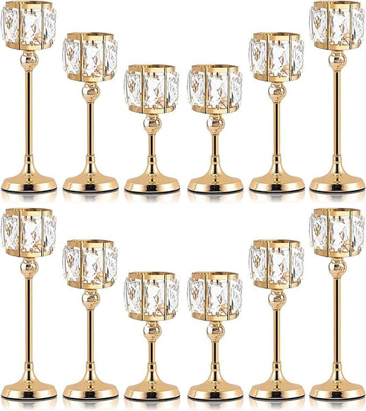 Set of 3 Cup Crystal Tealight Candle Holders, Centerpieces for Table Wedding Centerpieces Crystal Decorative Tealight Candle Dining Table Candle Holder Decor for Party (Set of 12 (3 Sizes), Gold)