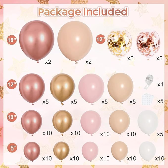 Rose Gold Pink Balloon Garland Kit, Pastel Pink Gold Metallic Nude White Balloons Rose Gold Confetti Balloons for Bridal Shower Wedding Birthday Princess Party Decorations
