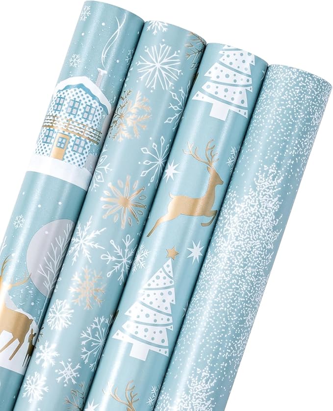 WRAPAHOLIC 30 Inch Christmas Wrapping Paper Roll - Jumbo Roll Blue and Silver Reindeer, Christmas Tree, Snowflake Holiday Design Printed on Pearlized Paper - 4 Rolls - 30 Inch x 120 Inch Per Roll