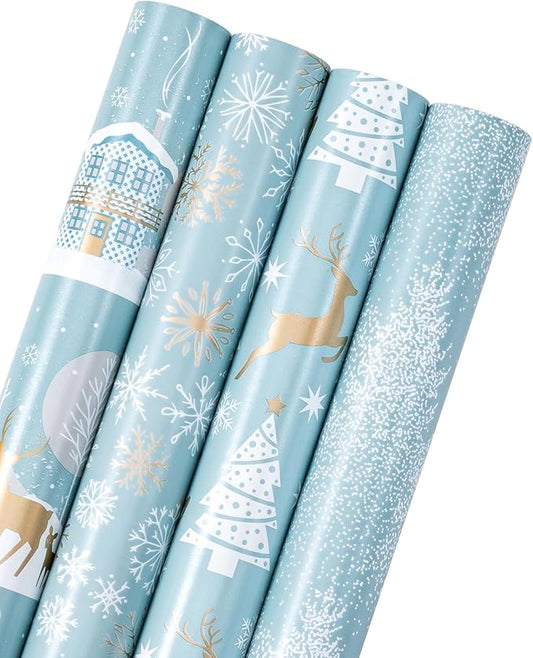 WRAPAHOLIC 30 Inch Christmas Wrapping Paper Roll - Jumbo Roll Blue and Silver Reindeer, Christmas Tree, Snowflake Holiday Design Printed on Pearlized Paper - 4 Rolls - 30 Inch x 120 Inch Per Roll