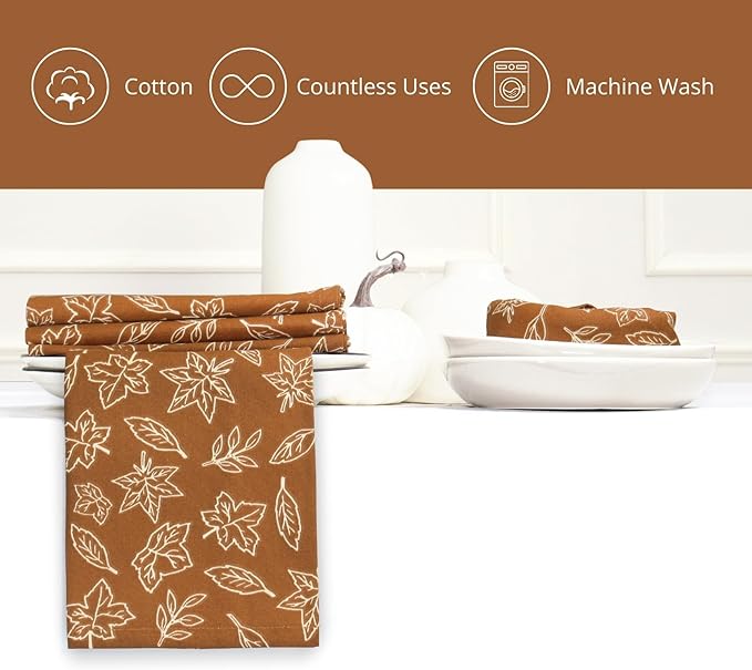 PurpleEssences Fall Harvest Thanksgiving Napkins 18x18 Inch,Set of 6-100% Cotton Autumn Leaves Print - Reusable, Washable Dinner Napkins for Home, Kitchen & Parties - Jora
