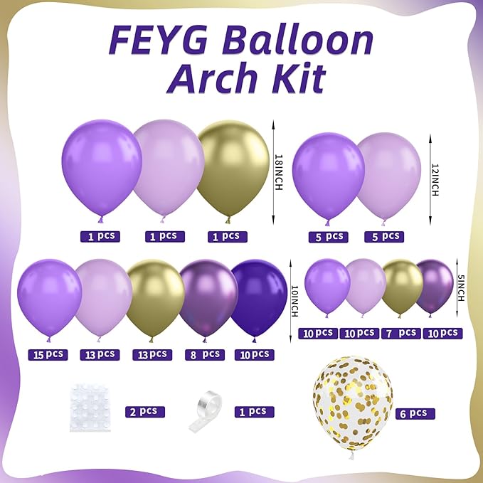 Purple and gold Balloon Arch Kit, 120PCS Purple and White Balloon Garland Pastal Purple White Gold Confetti Balloons for Girls Birthday Baby Shower Bridal Shower Halloween Party Decorations