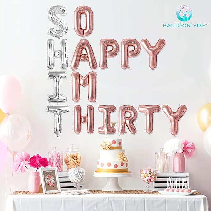 BALLOON VIBE Funny 30th Birthday Decorations for Him and Her - So Happy IM 30 Phrase Letters Banner - 16” Balloon Letters Foil Balloons for Happy Birthday Décor - Dirty 30 Birth Day