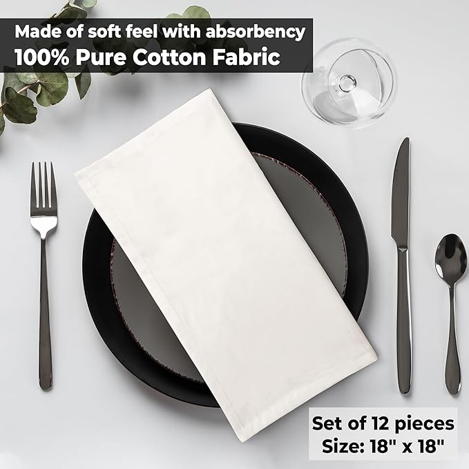 Urban Villa Cloth Napkins Ivory Dinner Napkins Set of 12 (18X18 Inches) 100% Cotton Absorbent Washable Durable Reusable Cloth Napkins Ideal for Farmhouse Party Thanksgiving Harvest Fall Dinner Napkins
