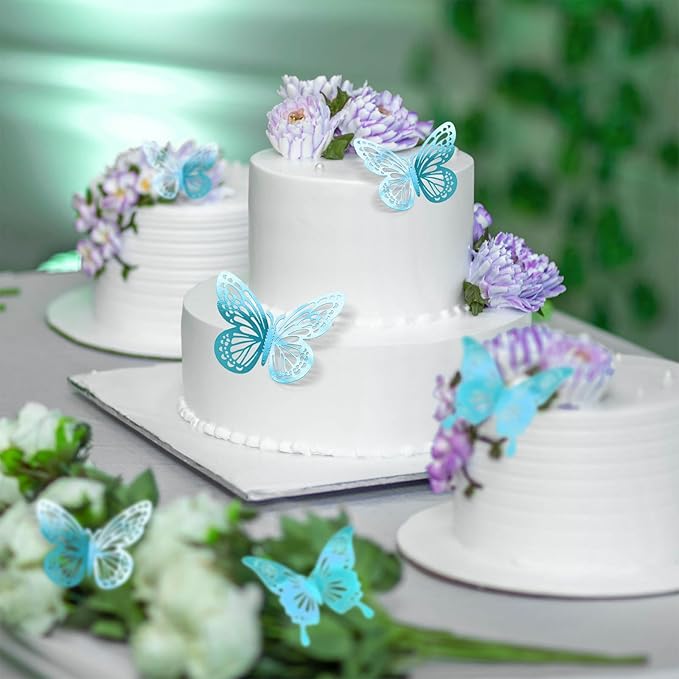 Light Blue Butterfly Decorations, 48Pcs 2 Styles 3 Sizes Butterflies for Grad Graduation Caps Cake Cupcake Toppers, 3D Paper Sticker for Bouquets Birthday Baby Shower Kids Girl Room Wall Nursery Decor
