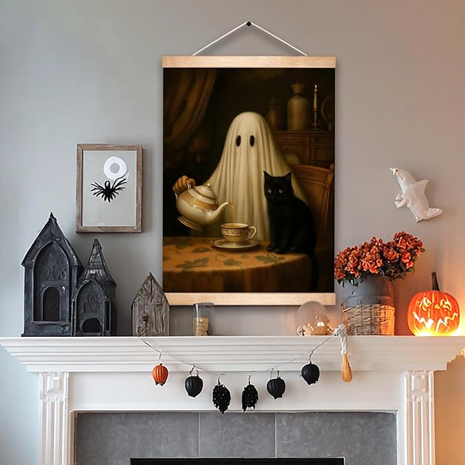 Rustic Ghost and Black Cat Wall Art 18.5x14 Inch,Fun Ghost Linen Canvas Wall Hanging Poster Decor, Retro Gothic Haunted House Theme Wall Poster for Library Reading Corner,Halloween Decorations (BLK04)