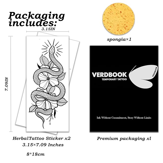 Waterproof Temporary Tattoos: 2-Sheet Tattoo Kit with Realistic Body Stickers, Semi-Permanent Tattoos for Adults Lasting 7-15 Days – Safe for Men & Women, Sacred Serpent