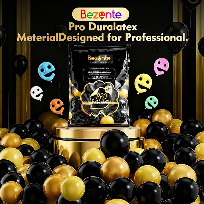 Bezente Pro Duralatex Black Balloons - 3.2g Premium 100 Pack 12 inch Black Balloons for Long-Lasting Professional Party Decorations, Large Birthday Graduation Wedding Anniversary