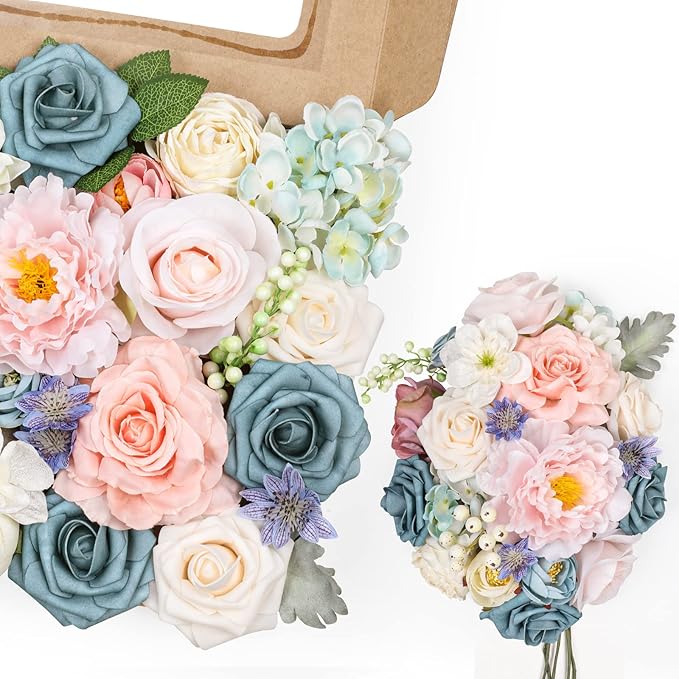 AmyHomie Blue Pink Artificial Flowers Combo Silk Mix Peony Rose Hydrangea Daisy Fake Flowers w/Stem for DIY Wedding Bouquets Centerpieces Arrangements Table Decor Party Bridal Baby Shower Home Decor