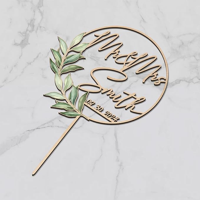 Wedding Cake Topper Mr & Mrs Personalized Last Name Date Green Leaves Wooden Cake Topper Wedding Anniversary Keepsake