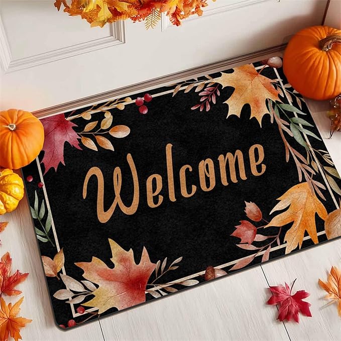 Fall Welcome Maple Leafs Decorative Door Mat, Autumn Thanksgiving Doormat for Indoor Outdoor Entrance Floor Mats,Fall Pumpkins Non Slip Harvest Vintage Decor Rubber Welcome Mats 30" x 18" Inch