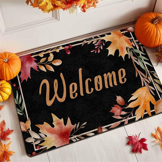 Fall Welcome Maple Leafs Decorative Door Mat, Autumn Thanksgiving Doormat for Indoor Outdoor Entrance Floor Mats,Fall Pumpkins Non Slip Harvest Vintage Decor Rubber Welcome Mats 16" x 24" Inch