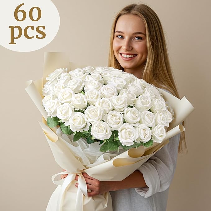60PCS Artificial Roses Bulk, White Velvet Silk Fake Roses, Realistic White Flowers for Wedding Centerpieces, Bridal Bouquets, Home Decor, Baby Shower, Valentine's Day Party Decorations