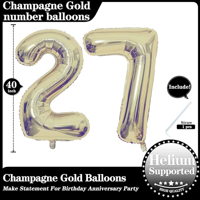 Champagne Gold 27 Number Balloons, 40 Inch Giant Number 27 Balloons Foil Mylar Helium Light Gold Number Balloons for 27th Birthday Party Supplies Anniversary Event Celebration Decorations