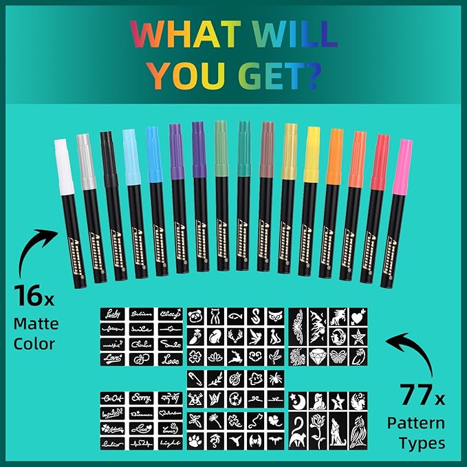 Temporary Tattoo Markers for Skin, 16-Count Body Markers+77 Large Tattoo Stencils of Assorted Colors for kids and Adults, Flexible Brush Tip, Bright colors, Skin-Safe*, Cosmetic-Grade.