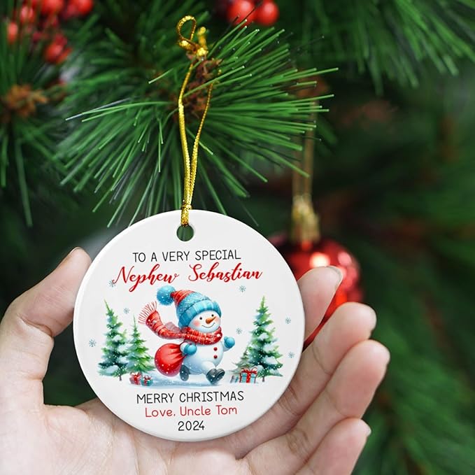 Personalized Special Nephew Snowman Ceramic Christmas Ornament 2025, Custom Year & Names Snowman Ornament Xmas Tree