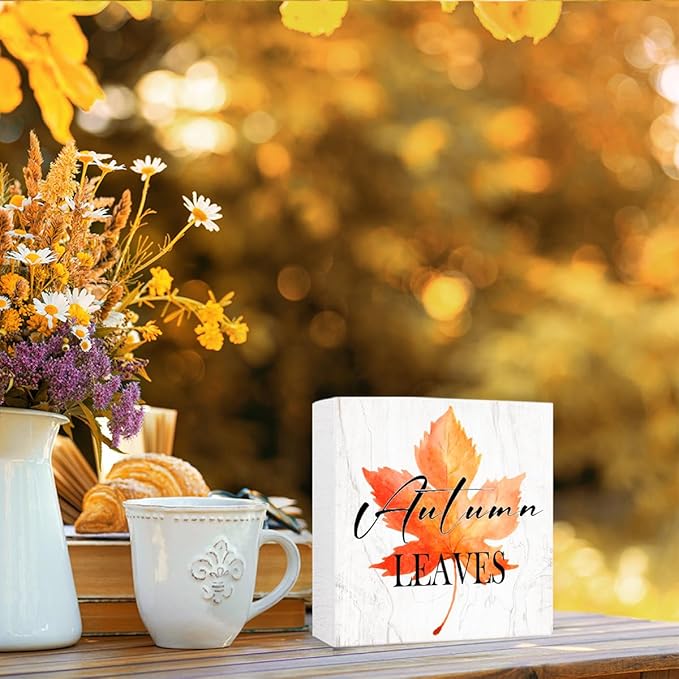 Funny Autumn Maple Leaves Wood Box Sign Autumn Leaves Wooden Block Desk Decor for Home Office Kitchen Cubicle Table Shelf Tabletop,Farmhouse Fall Sign Decor