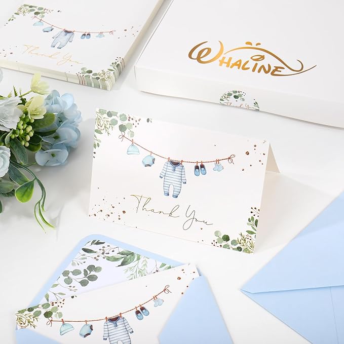 Whaline 50 Pack Baby Shower Thank You Cards Boxed Blue Cloth Note Card with Envelopes Stickers Greeting Blank Cards for Boy Birthday Baby Shower