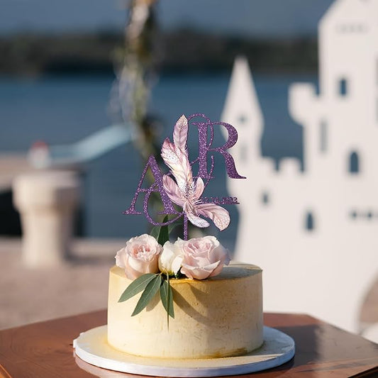 Personalized Boho Wedding Cake Topper in Acrylic Custom Bride and Groom Initial Cake Topper Wedding Date Cake Decoration (Boho Feather)