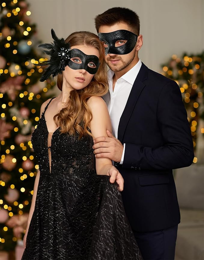 Black Couples Masquerade Mask Set - Women's Masquerade Masks with Feathers & Venetian Mask for Men, Mardi Gras, Halloween, Cosplay, Prom, Christmas