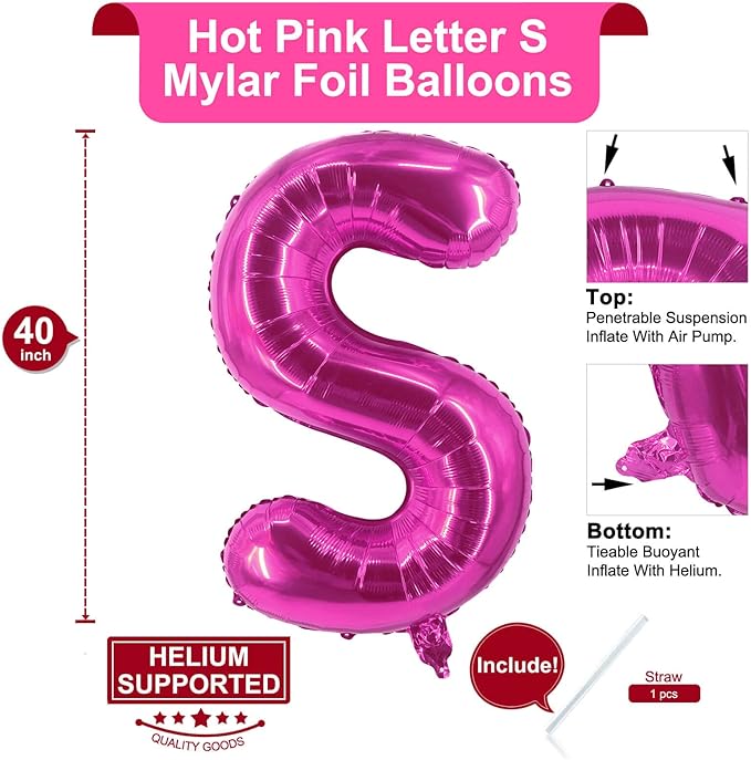 Lovoir 40 Inch Large Hot Pink Letter S Balloons Big Size Jumbo Mylar Foil Helium Balloon for Birthday Party Celebration Decorations Alphabet Hot Pink S