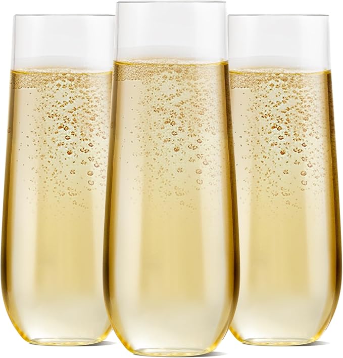 SUT 48 PCS Plastic Champagne Flutes Disposable, Shatterproof Mimosa Glasses for Wedding, Bridal Shower, Party Supplies – Stemless Elegant Cups Bulk Pack (Clear, 9 oz) – Unbreakable Catering Glasses