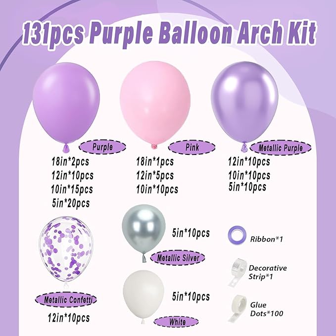 Purple Balloons Garland Arch Kit,131pcs Pink Purple Confetti Balloons with Silver Ballons for for Girl Baby Shower Birthday Wedding Anniversary Party Decorations