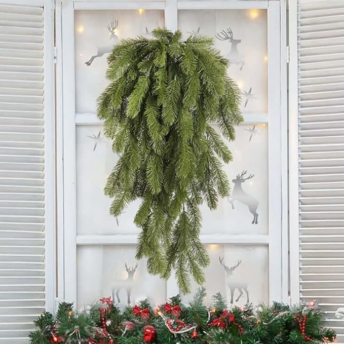 RECUTMS 2Pcs Artificial Christmas Teardrop Pine Needle Hanging Swag Artificial Pine Needle Branches Faux Winter Wreath Hanging Plants for Front Door Wall Home Christmas Decoration (Green)