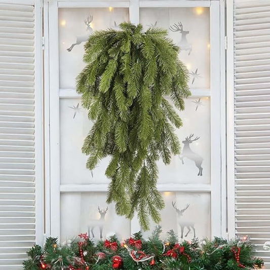 RECUTMS 2Pcs Artificial Christmas Teardrop Pine Needle Hanging Swag Artificial Pine Needle Branches Faux Winter Wreath Hanging Plants for Front Door Wall Home Christmas Decoration (Green)