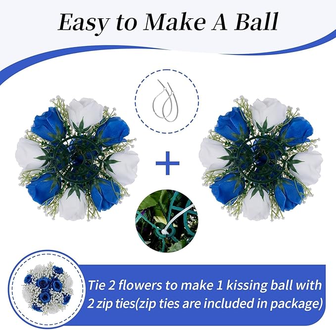 BLOSMON Fake Flowers Ball Wedding Centerpieces 10 Pcs Royal Blue Rose Babys Breath Artificial Flowers Center Pieces Decoration for Table Faux Silk Floral Bouquet Arrangements for Home Party DIY Decor