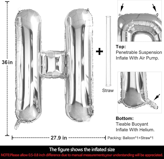 Lovoir 40 Inch Large Silver Letter H Balloons Big Size Jumbo Mylar Foil Helium Balloon for Birthday Party Celebration Decorations Alphabet Silver H
