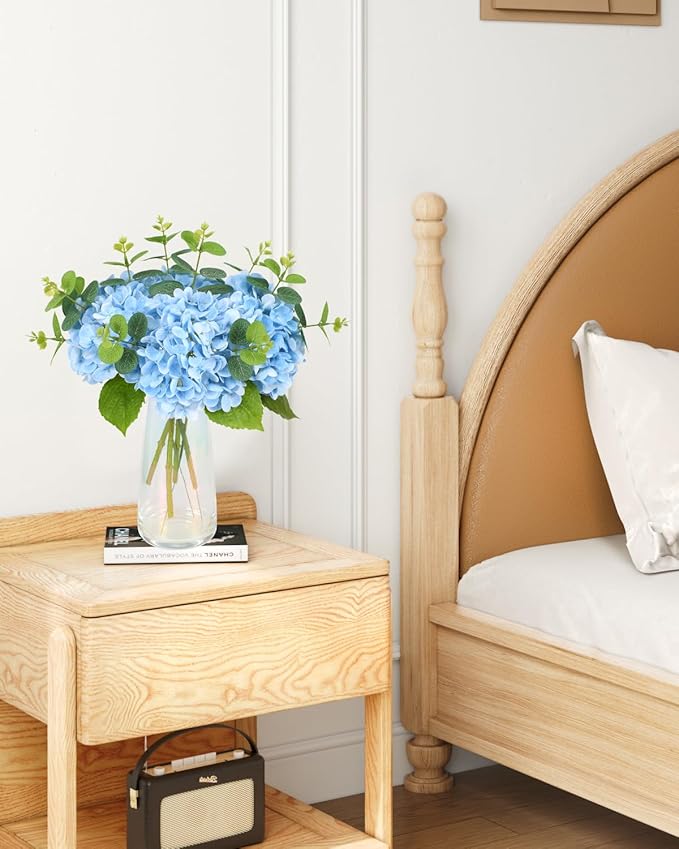 Tifuly 4pcs Fake Hydrangea with Vase - Real Touch Faux Hydrangea Flowers and 3pcs Eucalyptus Stems for Wedding Centerpiece Home Party Table Decoration（Blue）