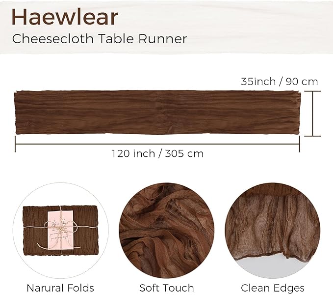 20 PCS Brown Cheesecloth Table Runner 10ft Boho Gauze Fabric Cheese Cloth Table Runner Comes with 20 Cloth Napkins Runner for Romantic Wedding Birthday Shower Party Table Decoration