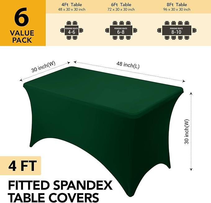 6-Pack Premium Hunter Green Spandex Tablecloths for 4ft Rectangle Tables, Stain & Wrinkle-Resistant, Washable Stretch Polyester Fitted Table Cover for Weddings, Banquets, Trade Shows Events