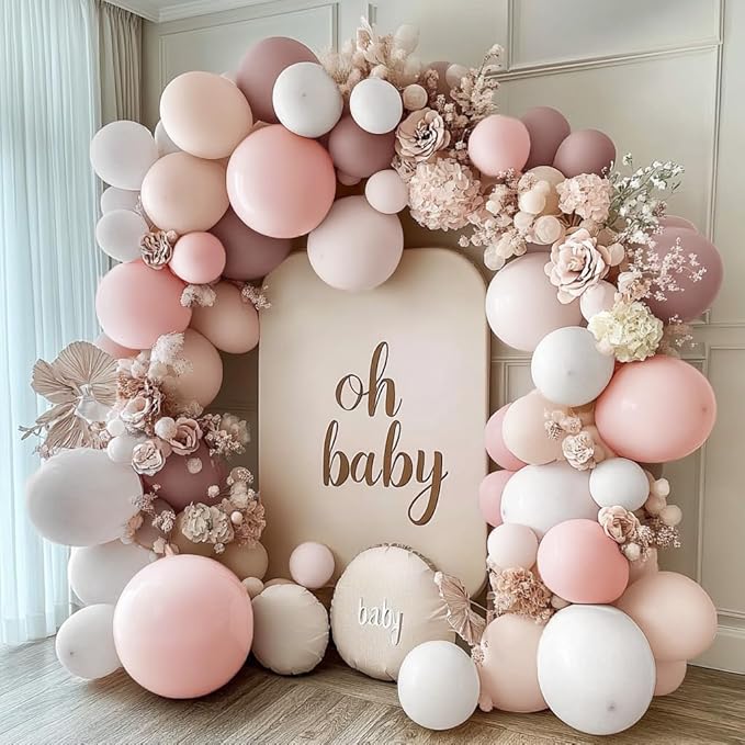 Pastel Pink White Balloon Arch - Double Stuffed Light Pink Beige Cream Balloon Garland Kit Boho Dusty Blush Balloons for Baby In Bloom Baby Shower Bridal Birthday Wedding Party Decor