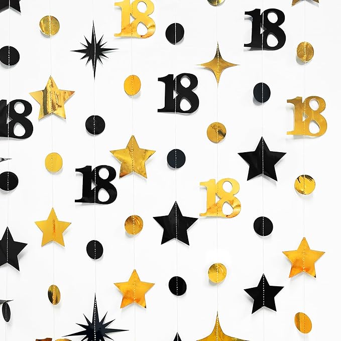 Black Gold 18th Birthday Decorations Number 18 Circle Dot Twinkle Star Garland Streamer Banner Backdrop for Girls Boys Happy 18th Birthday Time to Adult Cheers to 18 Years Old Anniversary Party Deocr