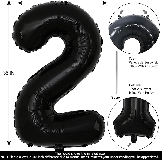 40 Inch Black Number 2 Balloons Helium Giant Black 2 Balloons for Birthday Party Decorations Anniversary Baby Shower Photo Shoot Supplies