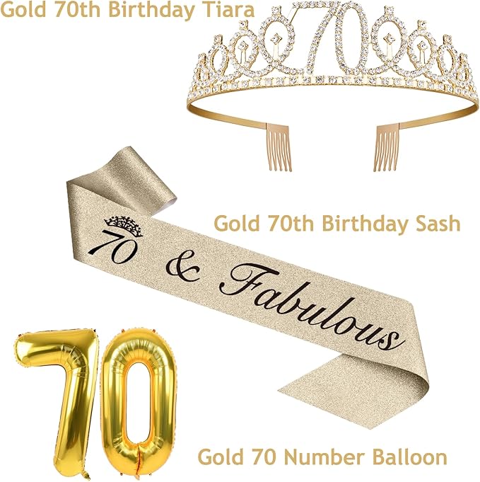 70th Birthday Decorations for Women Gold with 70th Birthday Sash and Tiara, Cake Topper and Candles, Number Balloons, 70 Year Old Gifts for Women