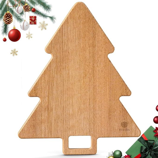 Acacia Wood Christmas Tree Cutting Board 15x12 Inch Charcuterie Board with Handle, Xmas Cheese Appetizer Tray, Wooden Decorative Serving Platter for Holiday Kitchen Party