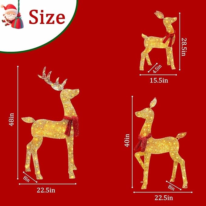 2025 New 48" 2.5D Lighted Christmas Deer Decorations, 3-Piece Lighted Christmas Deer Family Set, 4FT Large Outdoor Yard Reindeer Holiday Decoration with145 LED Lights, Gold