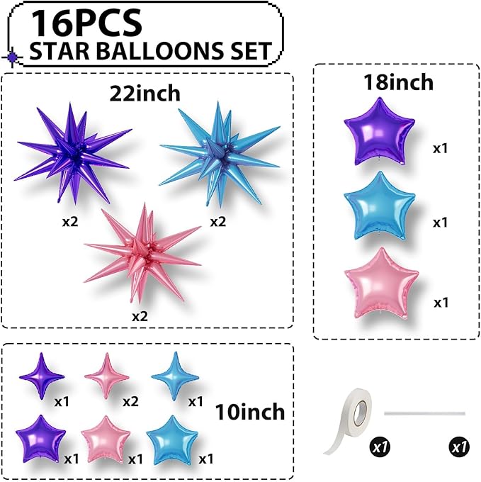 16 Pcs Pink Purple Blue Star Balloons, 22/18/10 Inch Foil Balloons, Four-Pointed Balloon for Girl Princess Mermaid Birthday Baby Shower Party Decorations