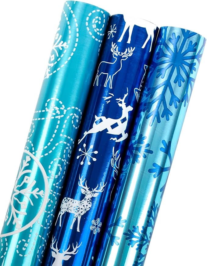 MAYPLUSS Christmas Wrapping Paper Roll - Mini Roll - 17 inch X 120 inch Per roll - 3 Different Blue Design with Glitter Metallic Foil Shine (42.3 sq.ft.ttl)